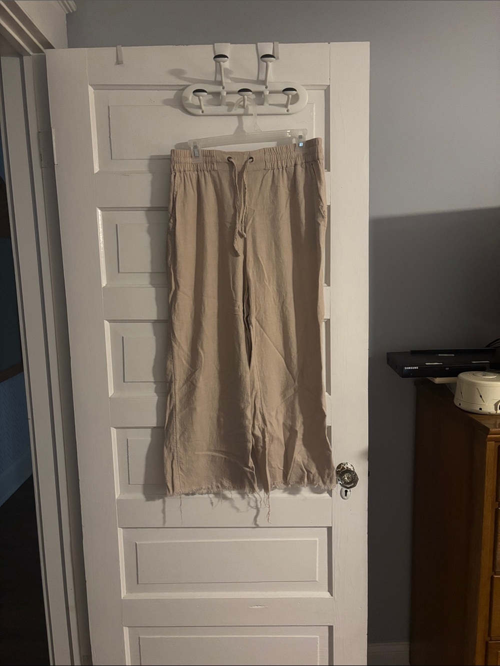 D&Co Light Beige Drawstring Wide-Leg Linen Blend Pants